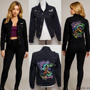 RARE Astral Apparel Astrological Zodiac Neon Black Distressed Denim Jacket XS